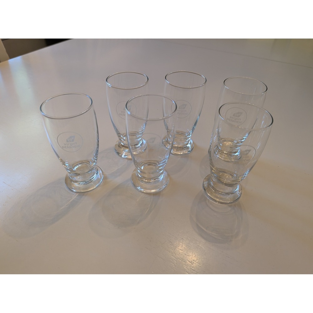 Virgin Atlantic Glasses Set of 6 Clear Footed Airline Collectible 4.125in Logo